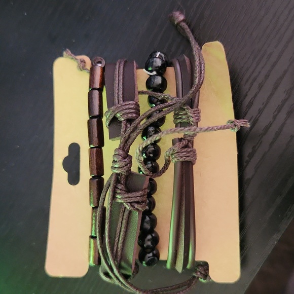 Fashion Jewelry Men's Wood and Faux Leather Bracelets Set of 4 Simple Casual - Picture 2 of 2